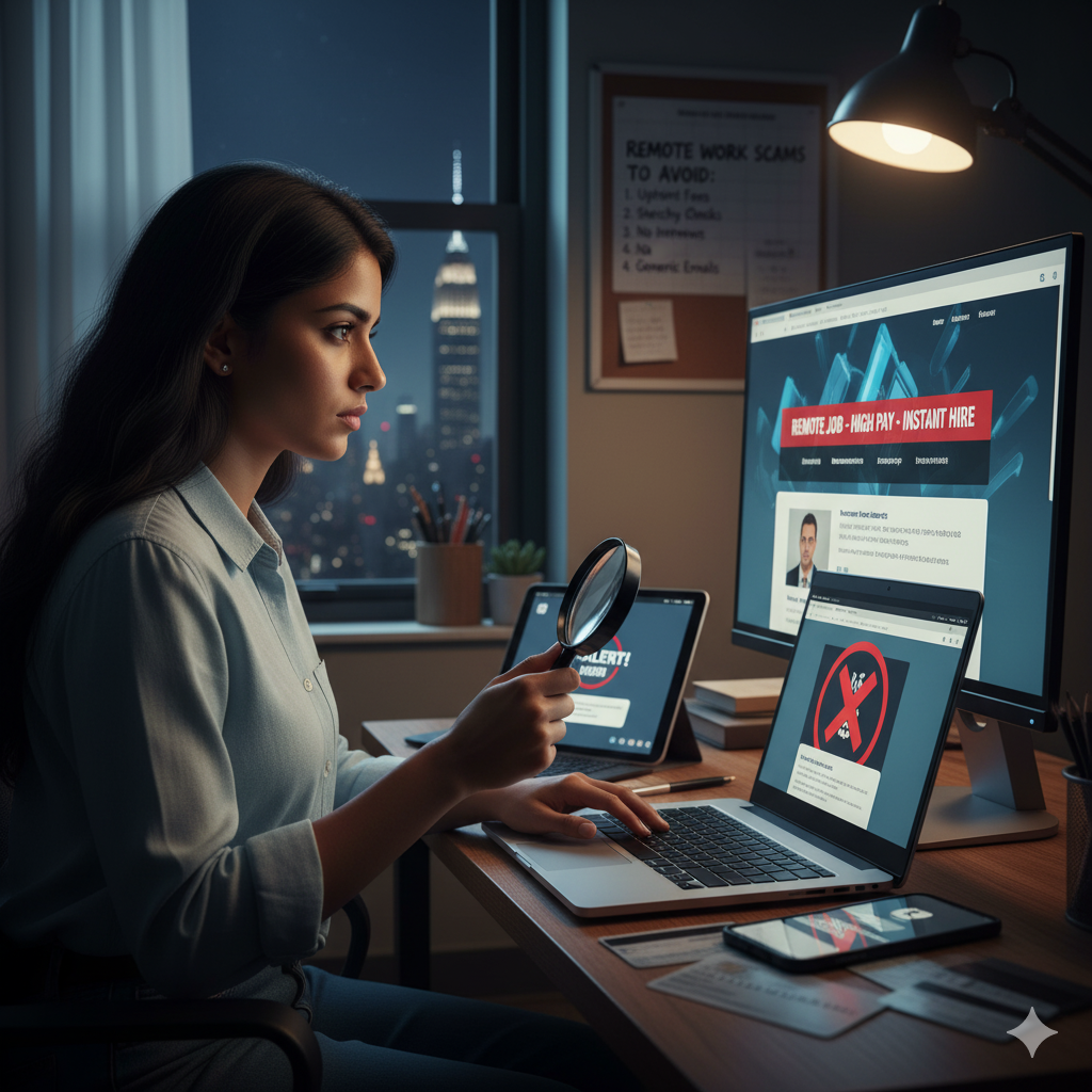 How can I avoid scams when searching for remote jobs in New York?