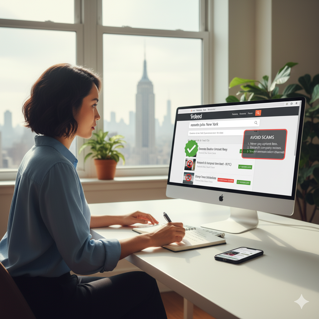 How do I find legitimate remote jobs on Indeed and avoid scams in New York?